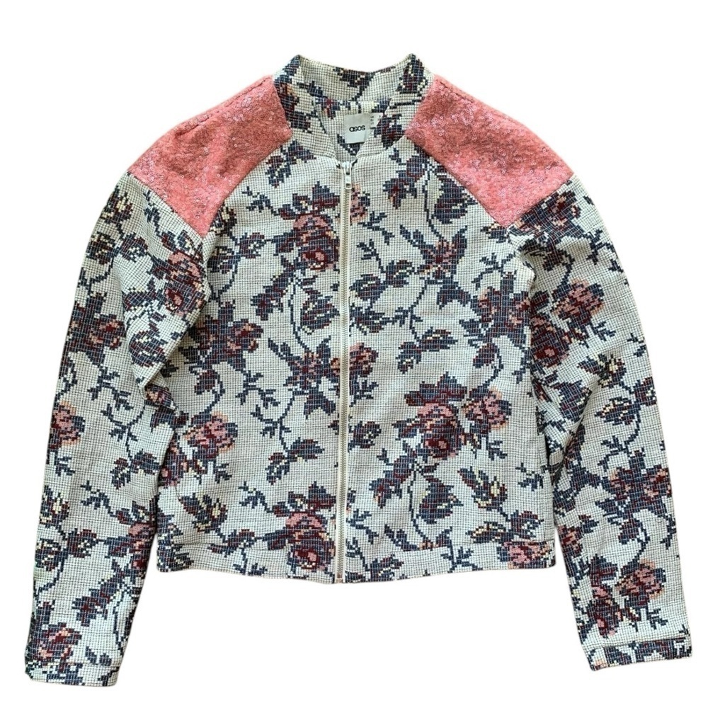 ASOS Floral Grid Sequined Panel Zip Jacket Light Gray Blue Pink Size US 4 UK 8